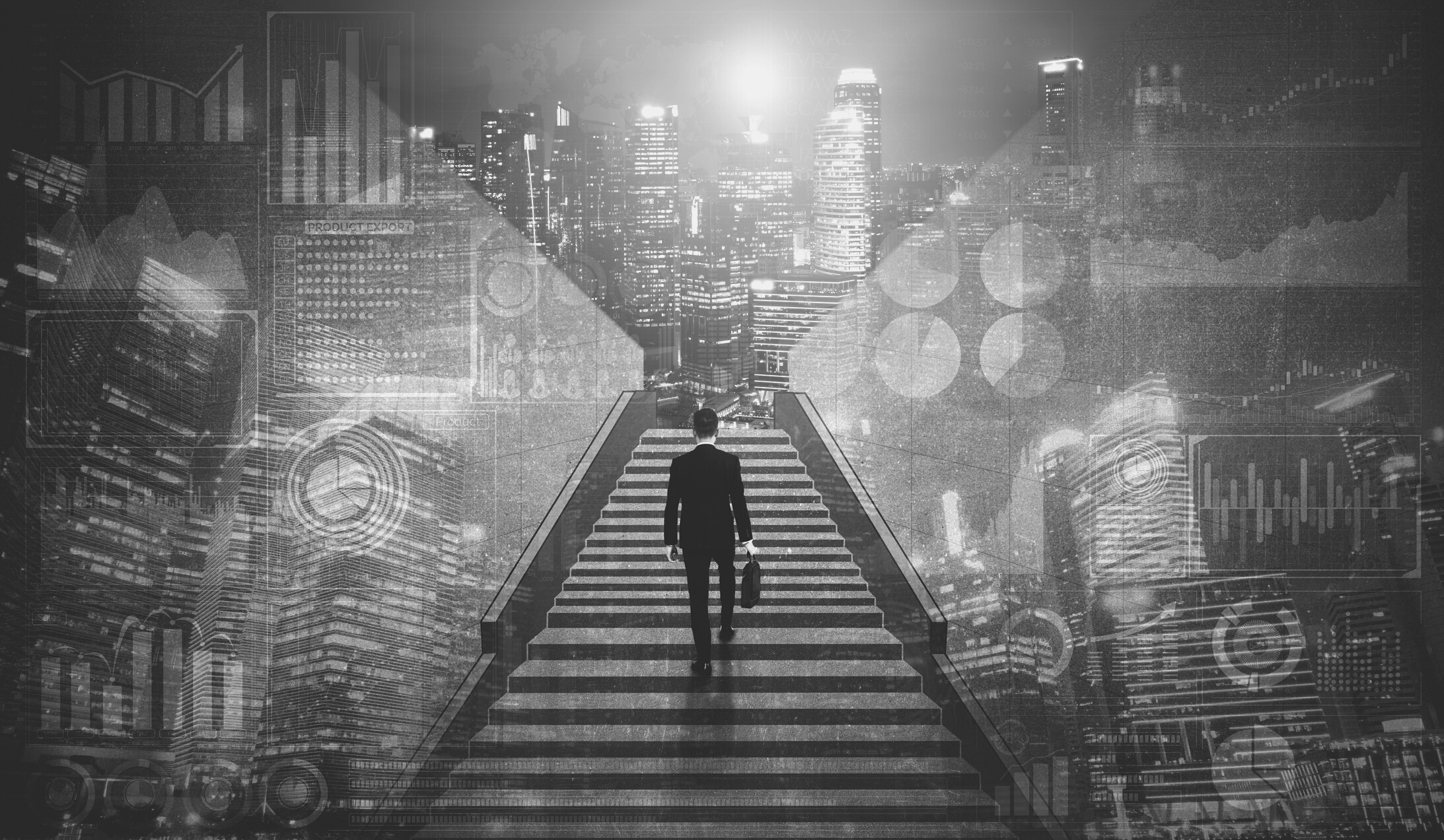 Ambitious business man climbing stairs to success.